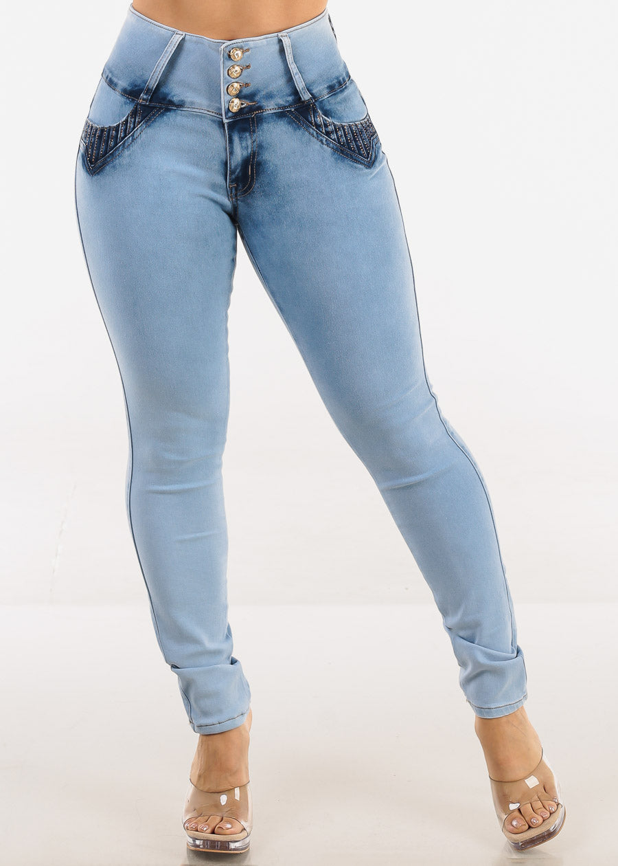 MX JEANS Light Acid Wash Butt Lift Mid Rise Skinny Jeans