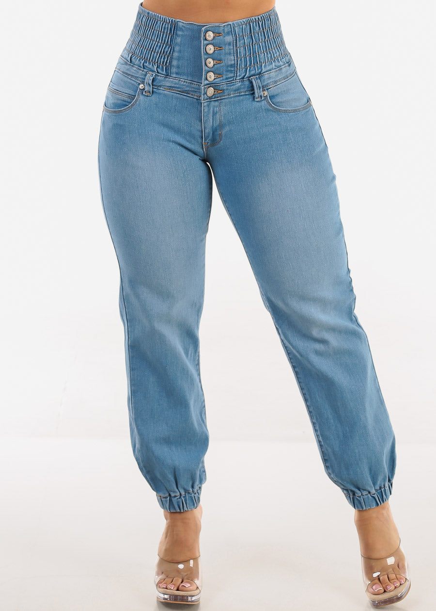 MX JEANS Butt Lift 5 Button Spandex Waist Jogger Jeans Light Wash