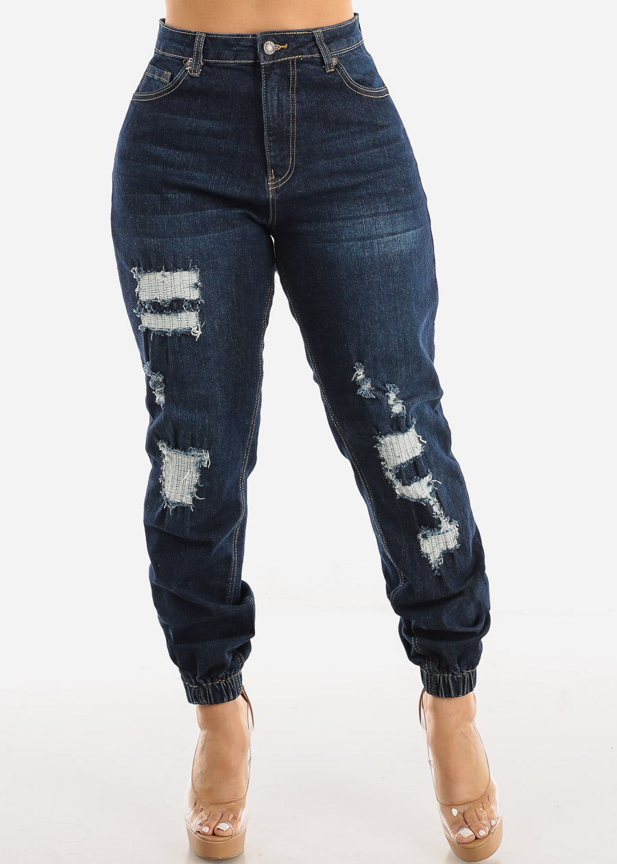 High Waisted Patched Denim Joggers Dark Wash