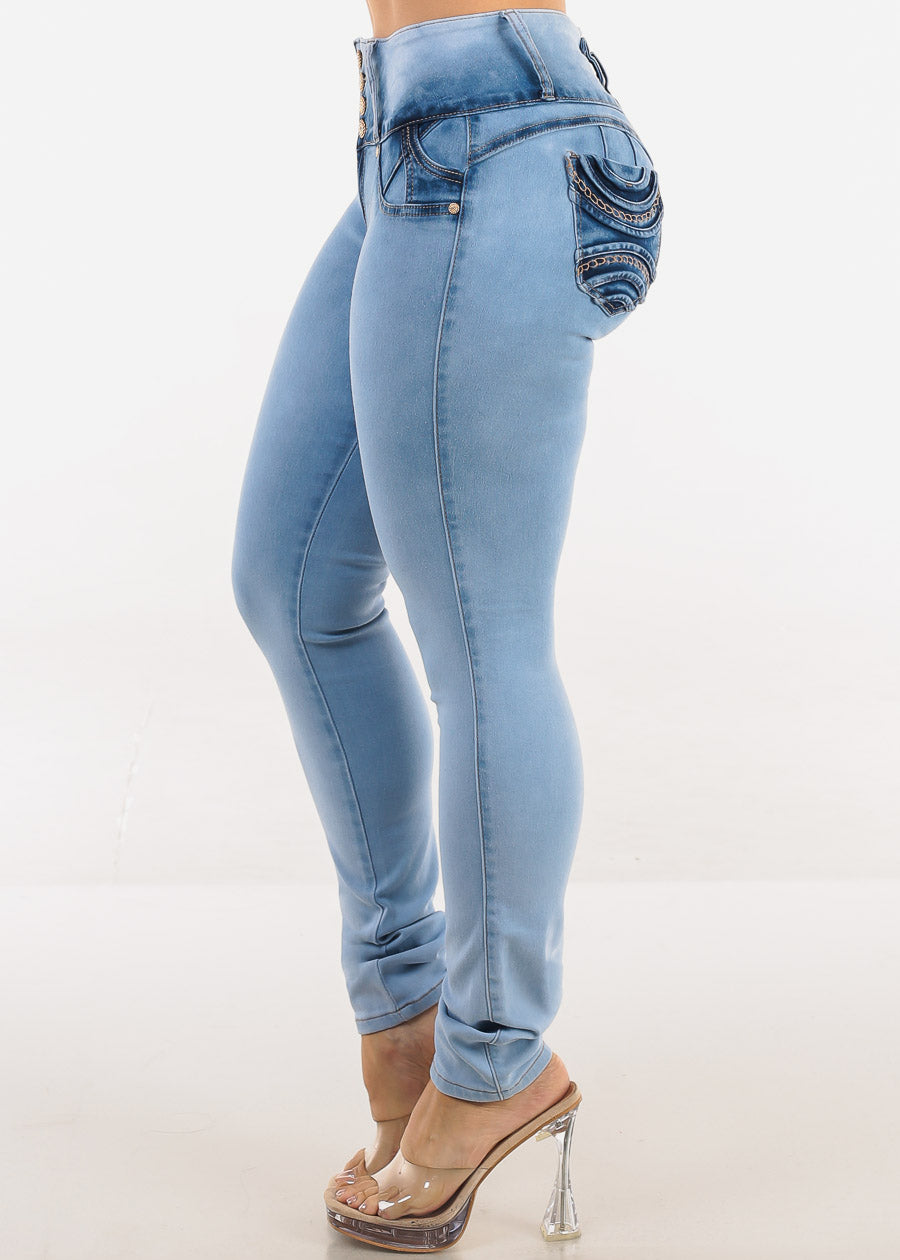 MX JEANS Light Acid Wash Butt Lift Mid Rise Skinny Jeans