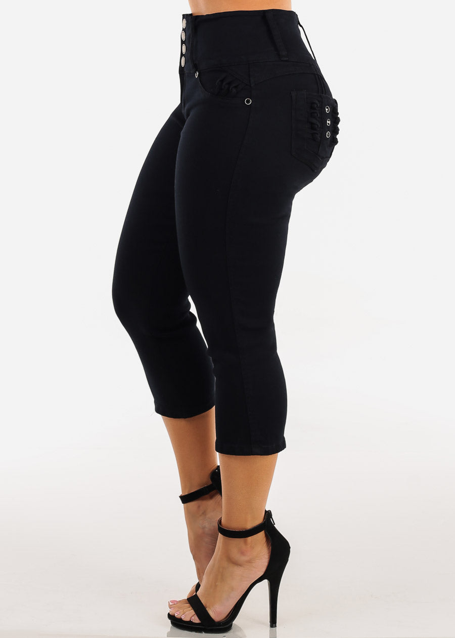 MX JEANS Black Butt Lift High Waist Stretch Denim Capris w Back Pocket Design