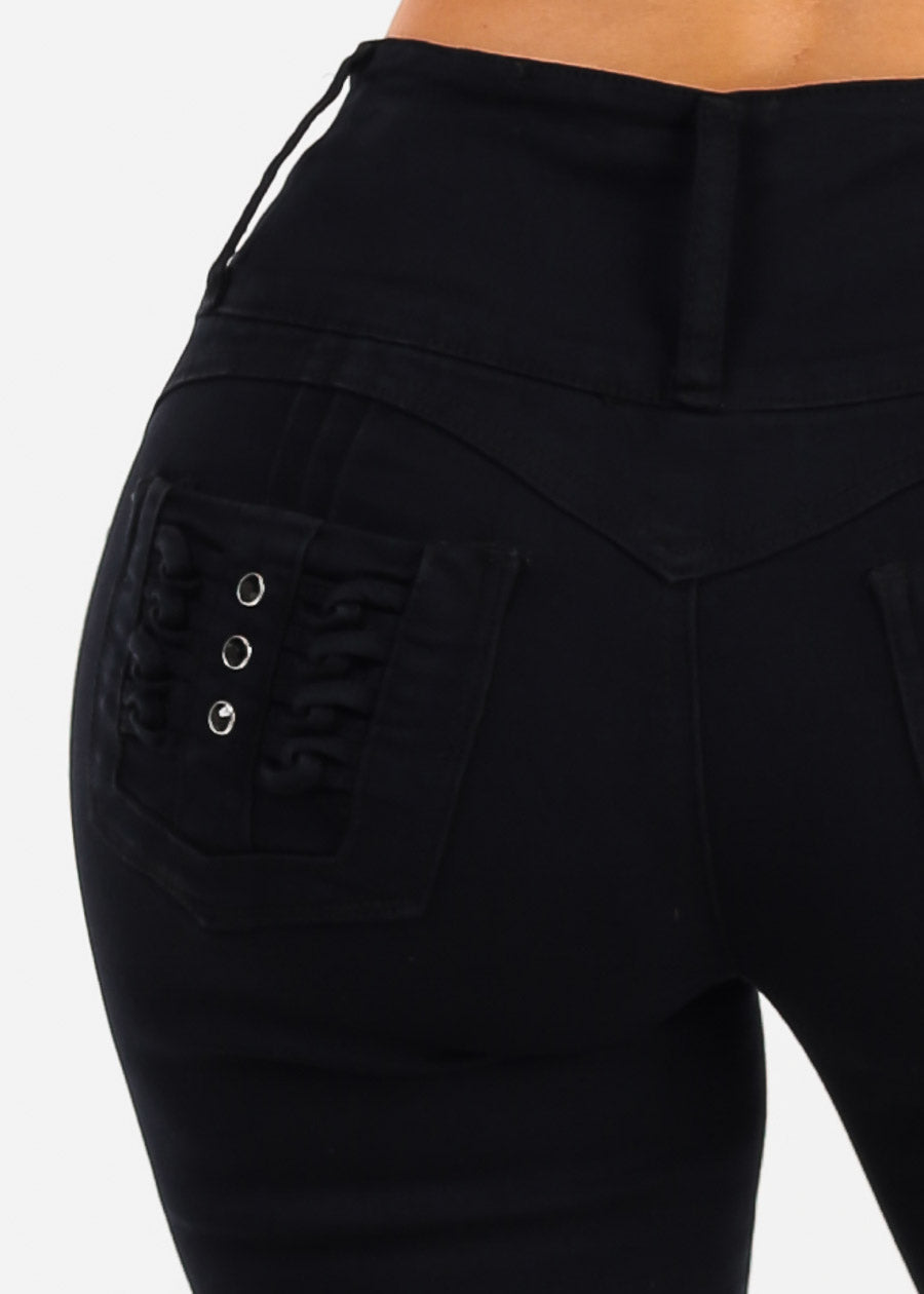 MX JEANS Black Butt Lift High Waist Stretch Denim Capris w Back Pocket Design