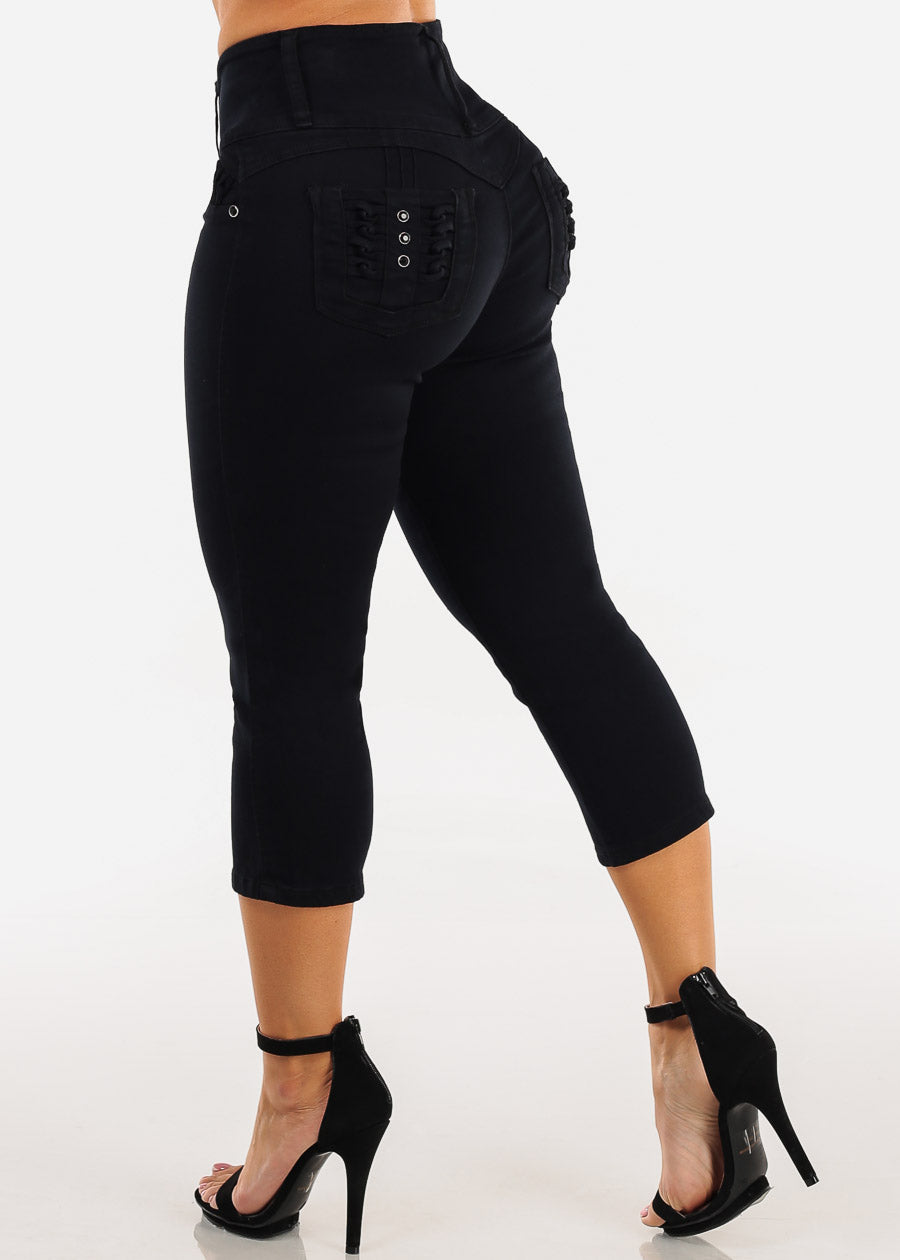 MX JEANS Black Butt Lift High Waist Stretch Denim Capris w Back Pocket Design