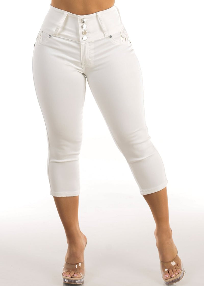 MX JEANS White Butt Lift High Waist Stretch Denim Capris w Back Pocket Design