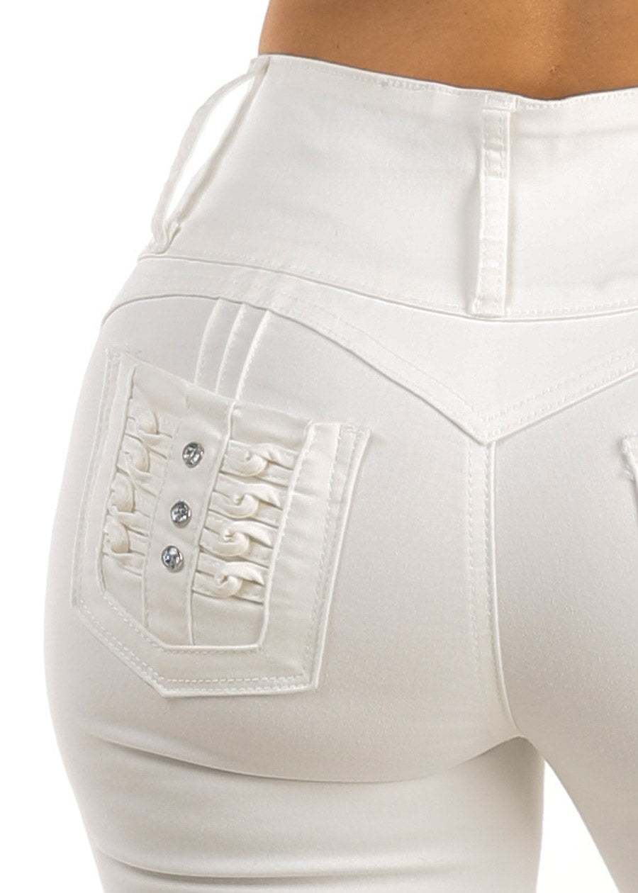 MX JEANS White Butt Lift High Waist Stretch Denim Capris w Back Pocket Design