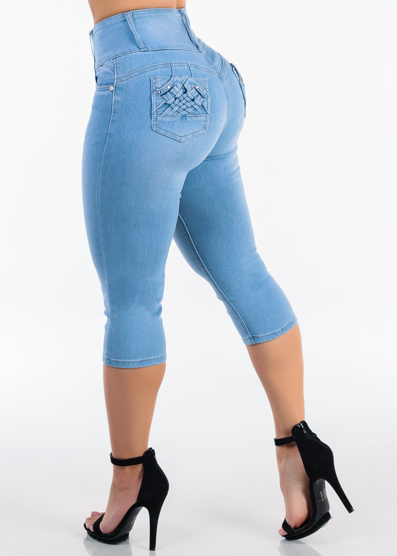 MX JEANS Super High Waist Braided Pocket Light Denim Capris