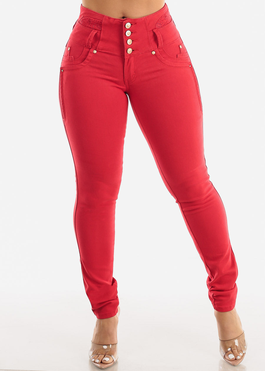 MX JEANS Embroidered Back Butt Lift Red Skinny Jeans