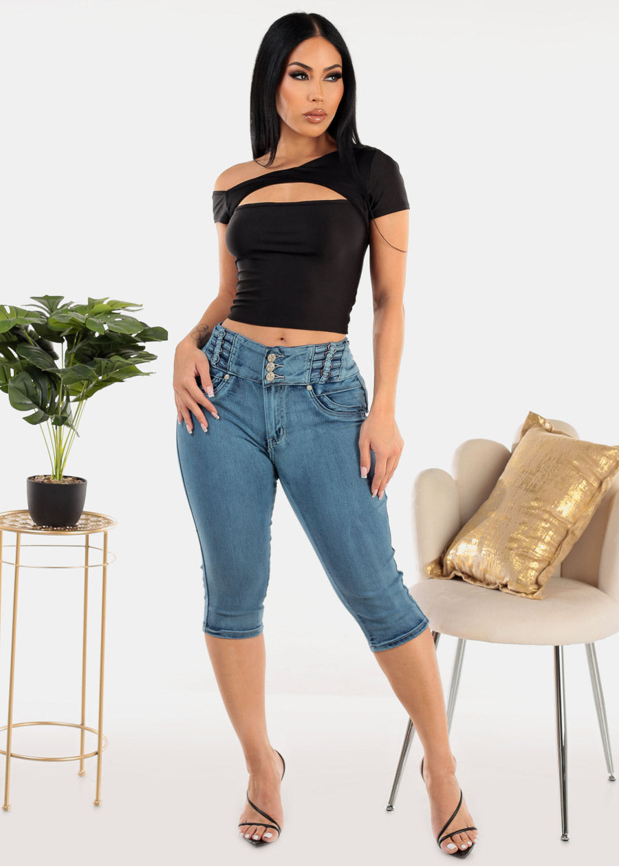 High Waisted Butt Lifting Blue Denim Capris