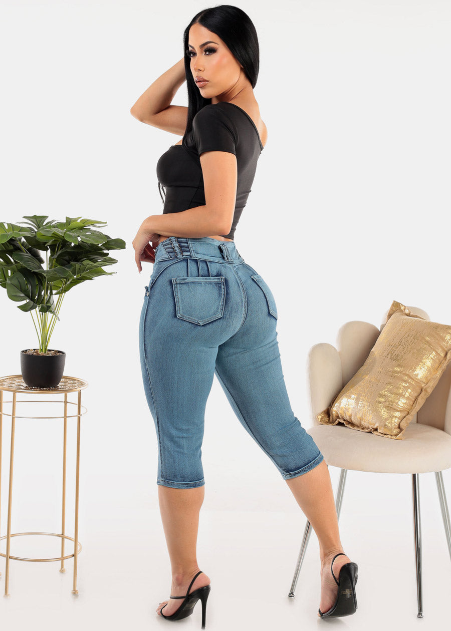 High Waisted Butt Lifting Blue Denim Capris