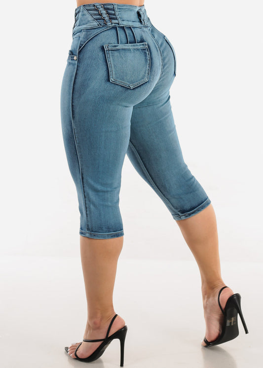 High Waisted Butt Lifting Blue Denim Capris