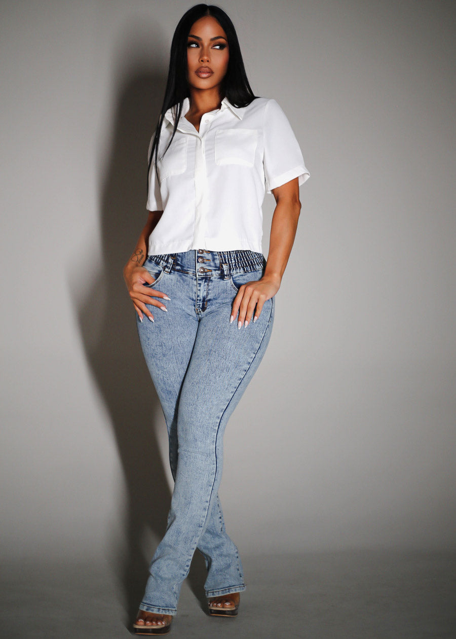 MX JEANS 3 Button Spandex Waist Bootcut Jeans Acid Wash