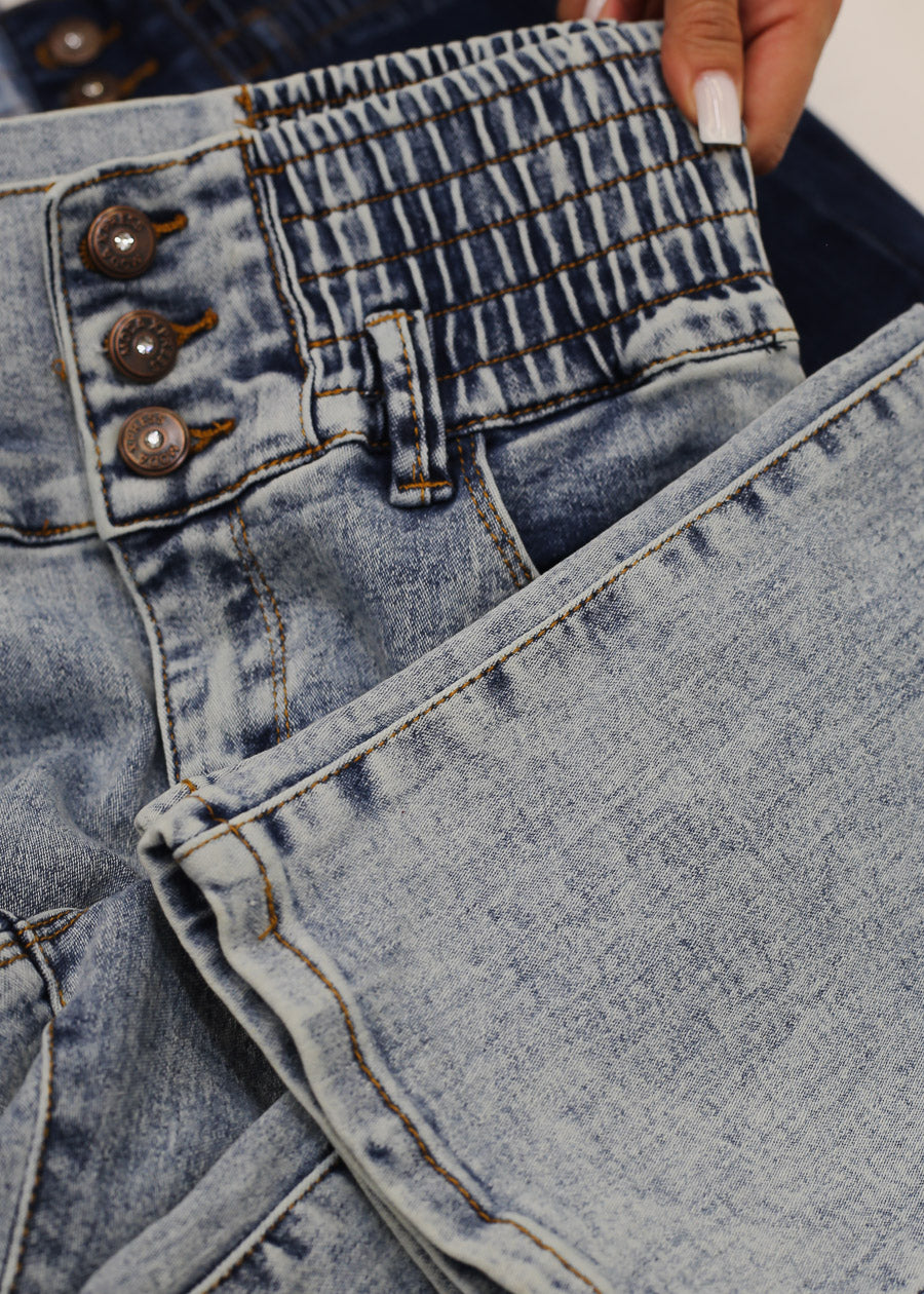 MX JEANS Butt Lift 3 Button Spandex Waist Bootcut Jeans Acid Wash