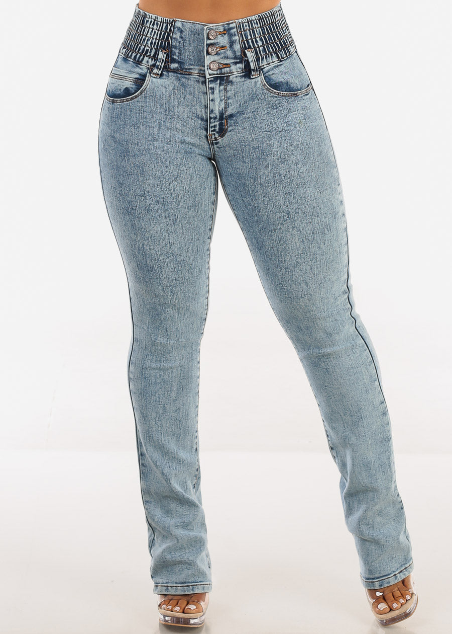 MX JEANS 3 Button Spandex Waist Bootcut Jeans Acid Wash
