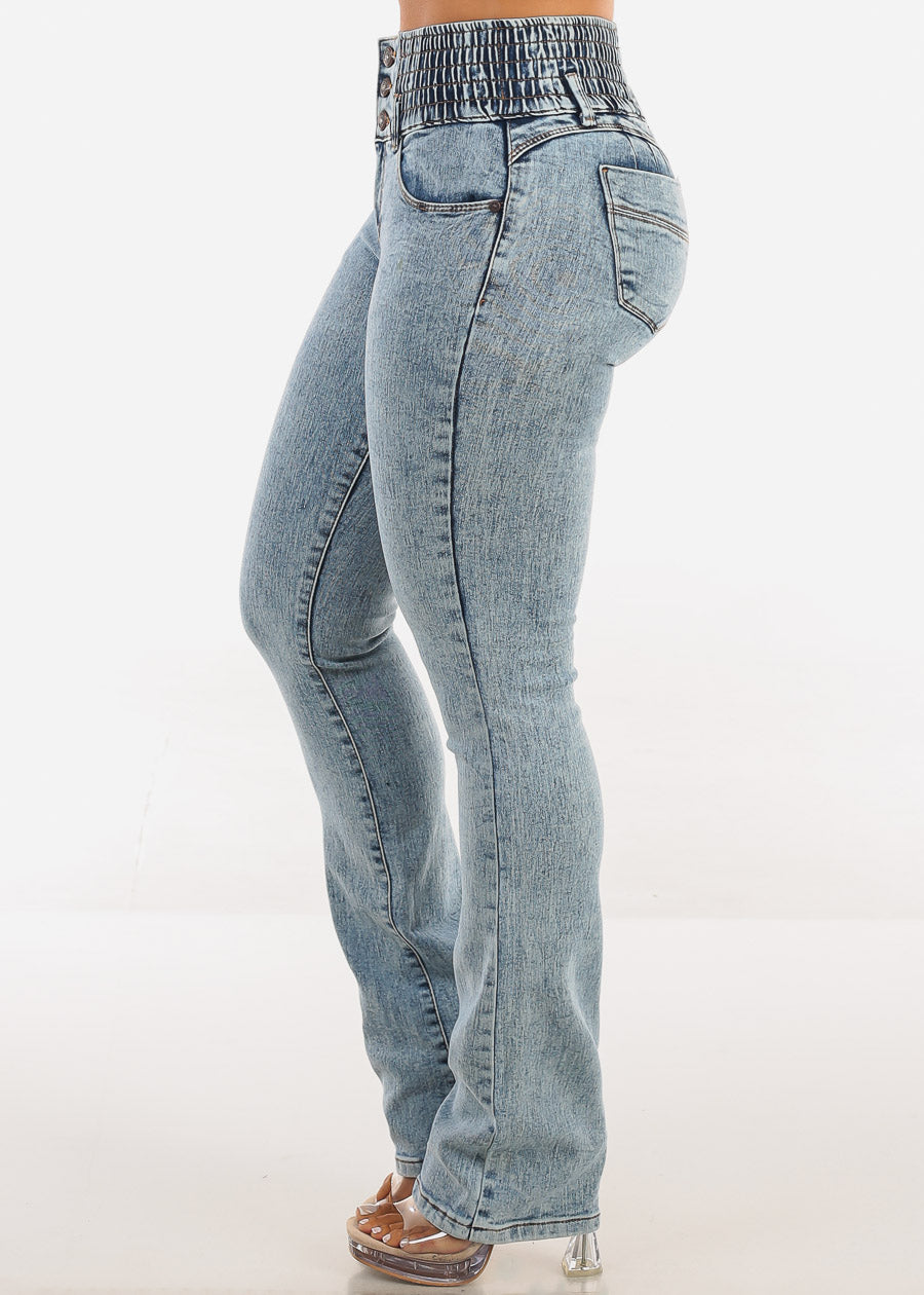 MX JEANS 3 Button Spandex Waist Bootcut Jeans Acid Wash