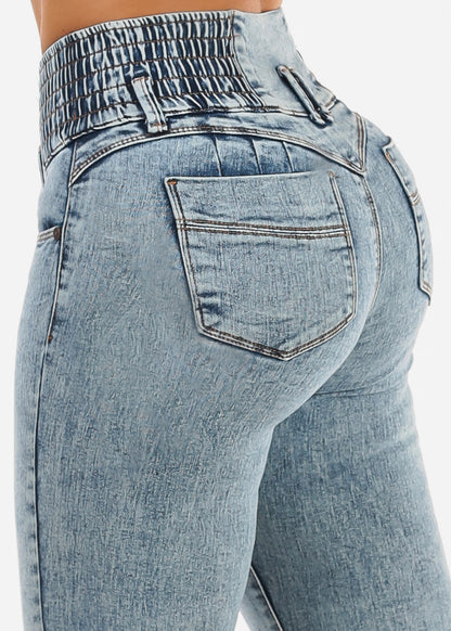 MX JEANS 3 Button Spandex Waist Bootcut Jeans Acid Wash