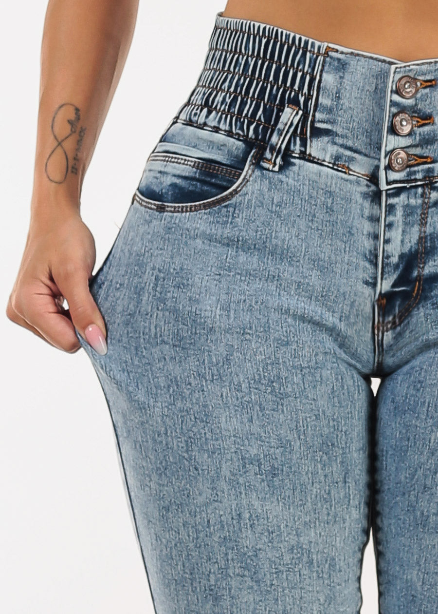 MX JEANS 3 Button Spandex Waist Bootcut Jeans Acid Wash