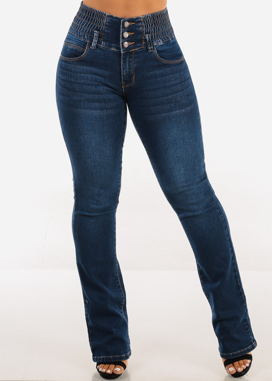 MX JEANS 3 Button Spandex Waist Bootcut Jeans Dark Wash