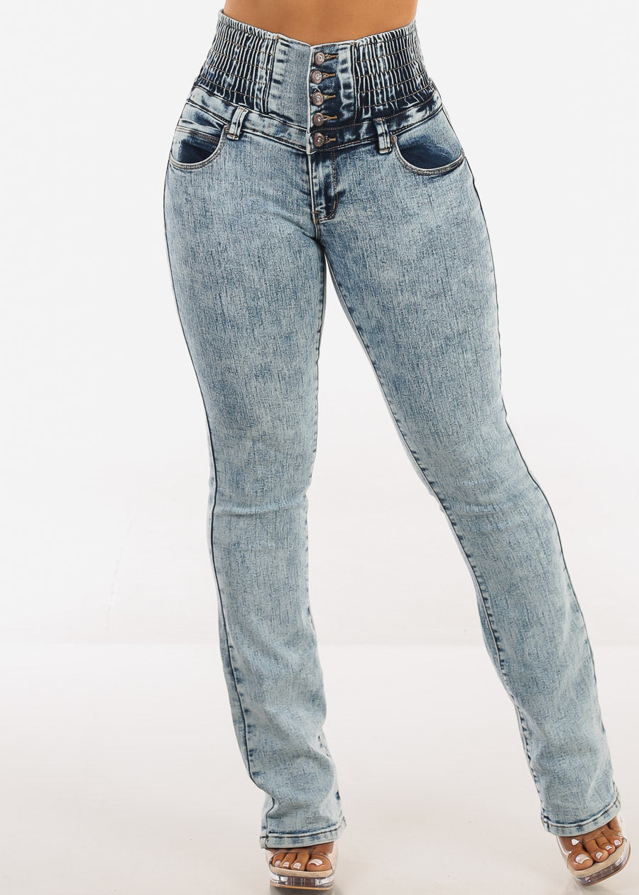 MX JEANS 5 Button Spandex Waist Bootcut Jeans Acid Wash