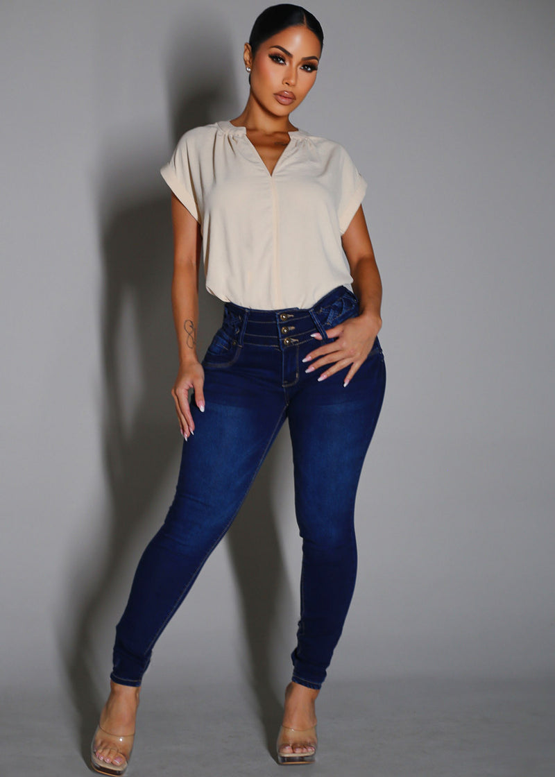 MX JEANS Butt Lift High Waist Dark Skinny Jeans w Lace Up Design