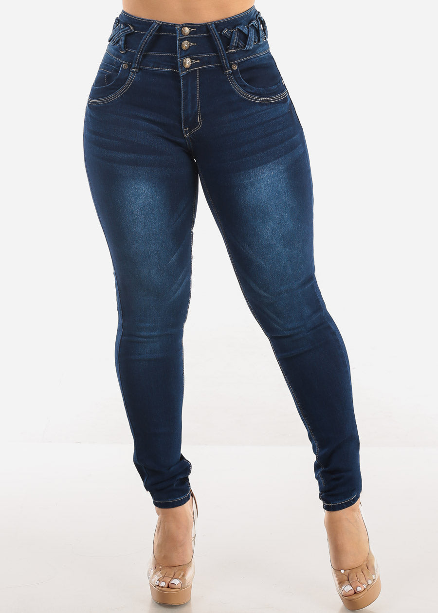 MX JEANS Butt Lift High Waist Dark Skinny Jeans w Lace Up Design