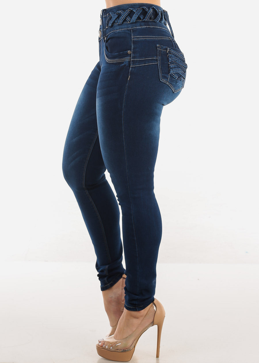 MX JEANS Butt Lift High Waist Dark Skinny Jeans w Lace Up Design