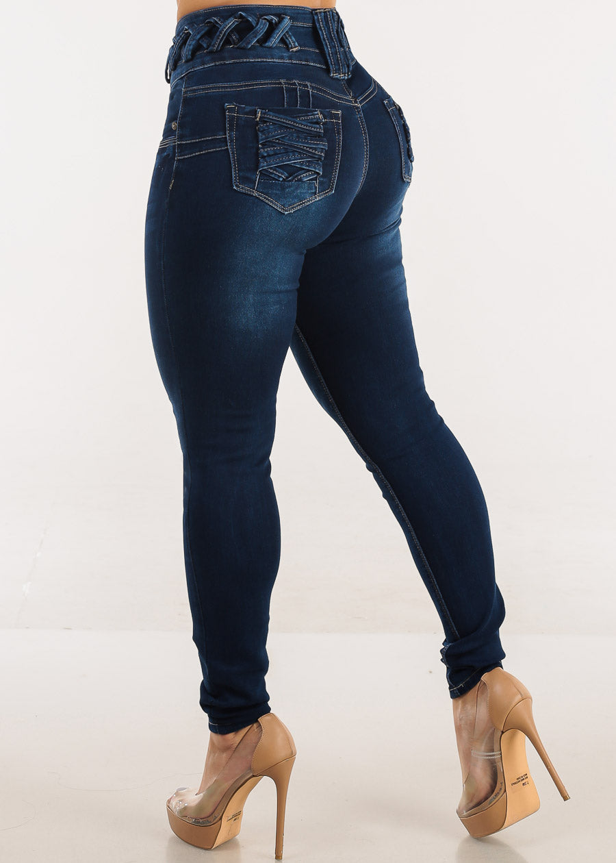 MX JEANS Butt Lift High Waist Dark Skinny Jeans w Lace Up Design