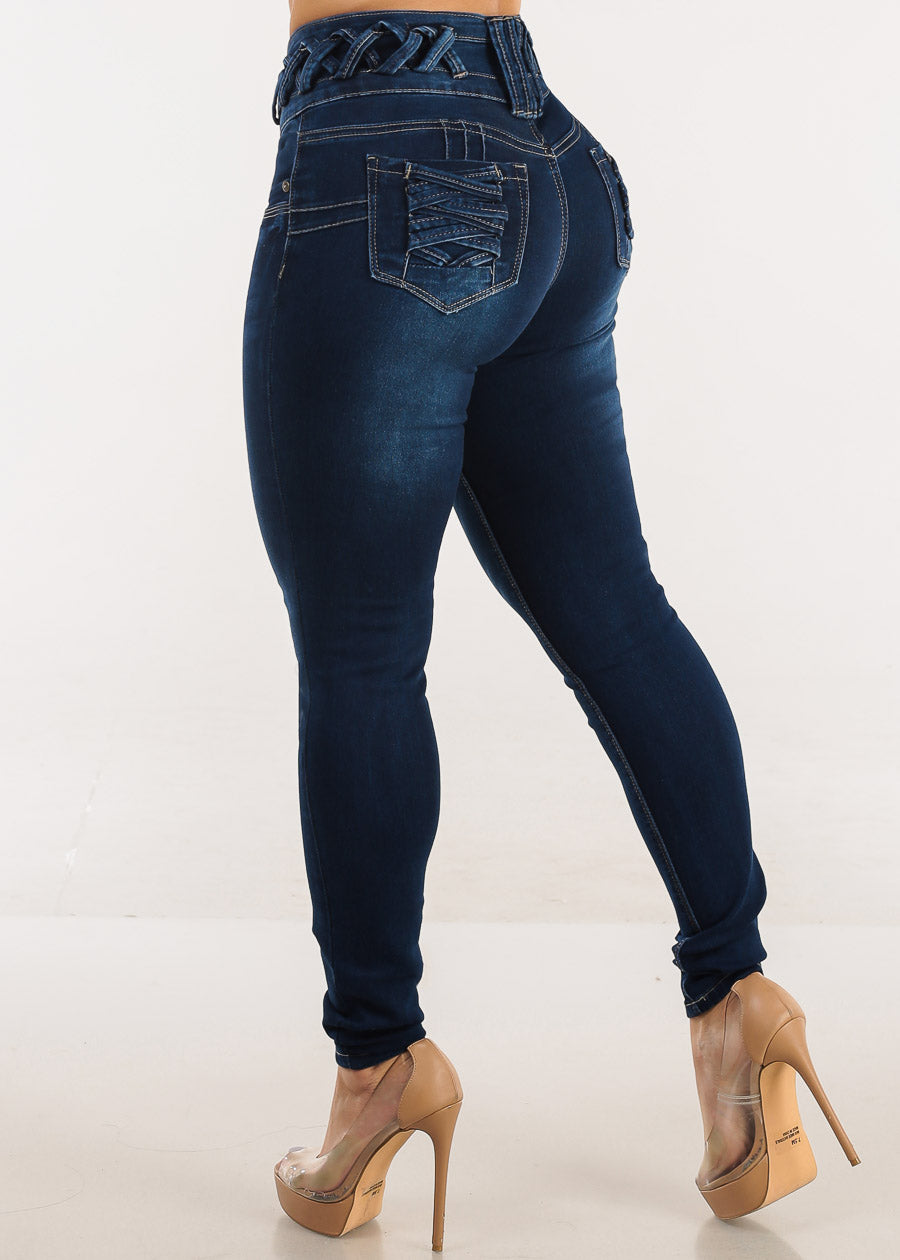 MX JEANS Butt Lift High Waist Dark Skinny Jeans w Lace Up Design