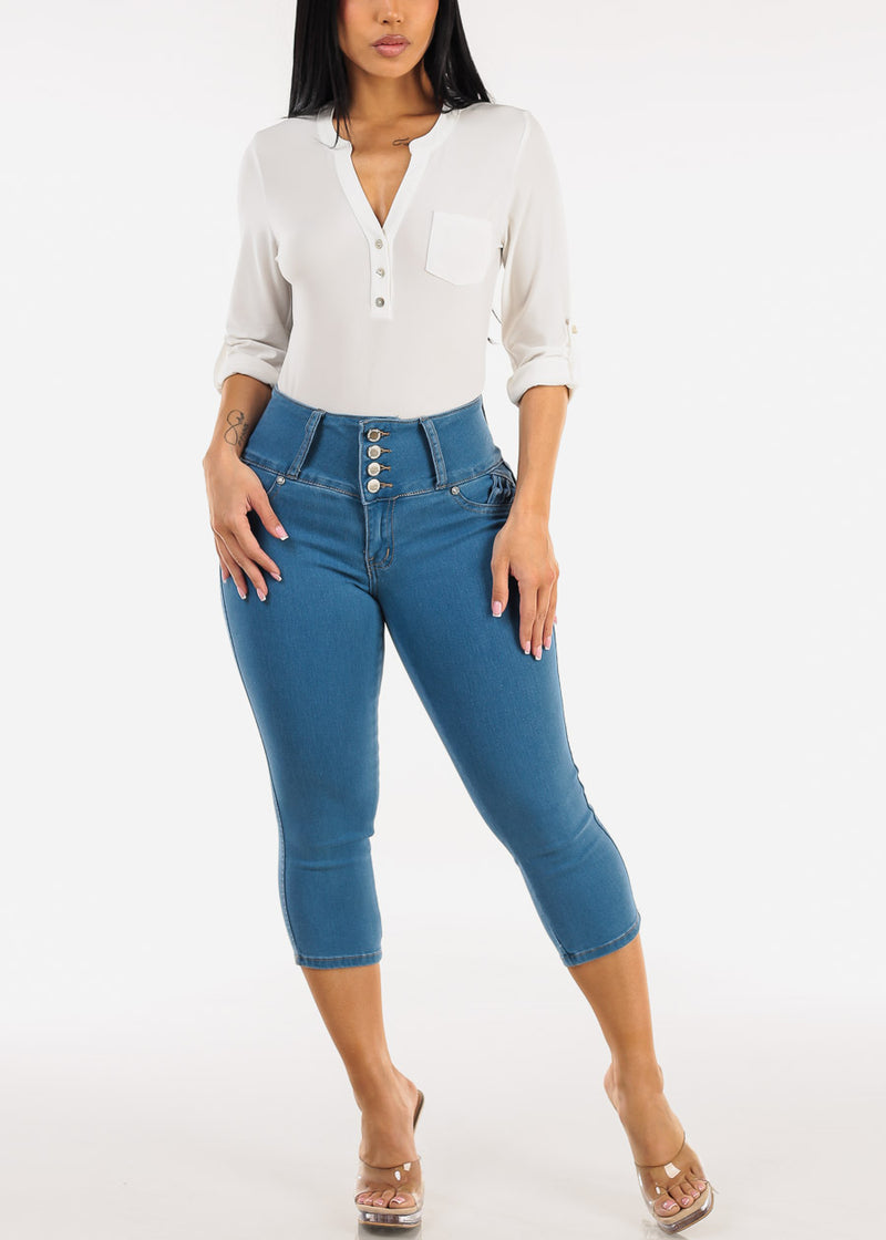 MX JEANS Butt Lift High Waist Stretch Denim Capris Blue w Back Pocket Design