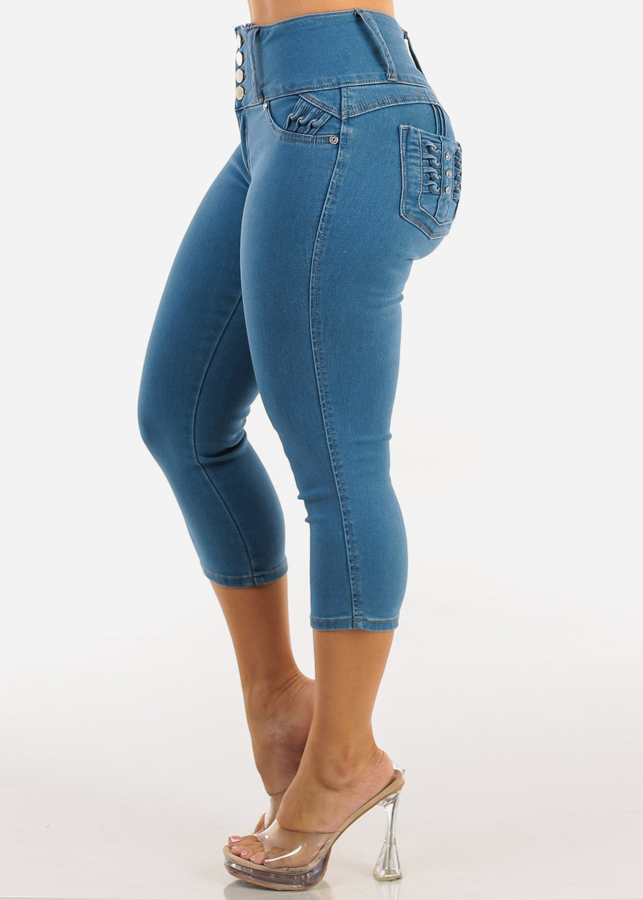 MX JEANS Butt Lift High Waist Stretch Denim Capris Blue w Back Pocket Design