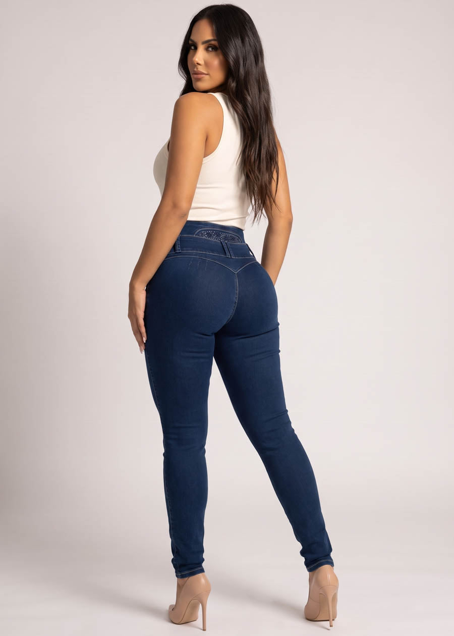 MX JEANS Embroidered Back Butt Lift Stretch Skinny Jeans Dark Wash, view 2 of 14