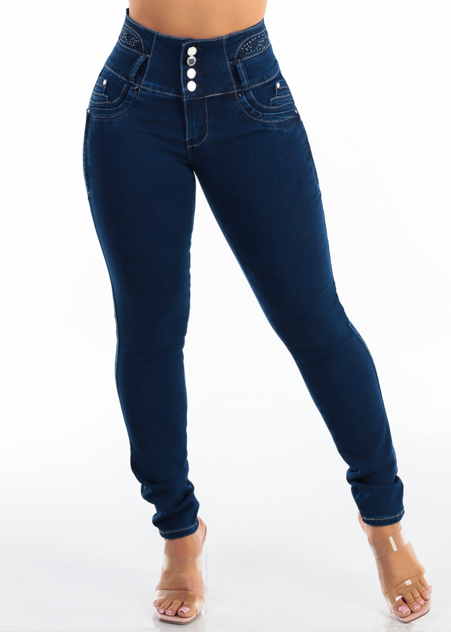 MX JEANS Embroidered Back Butt Lift Stretch Skinny Jeans Dark Wash