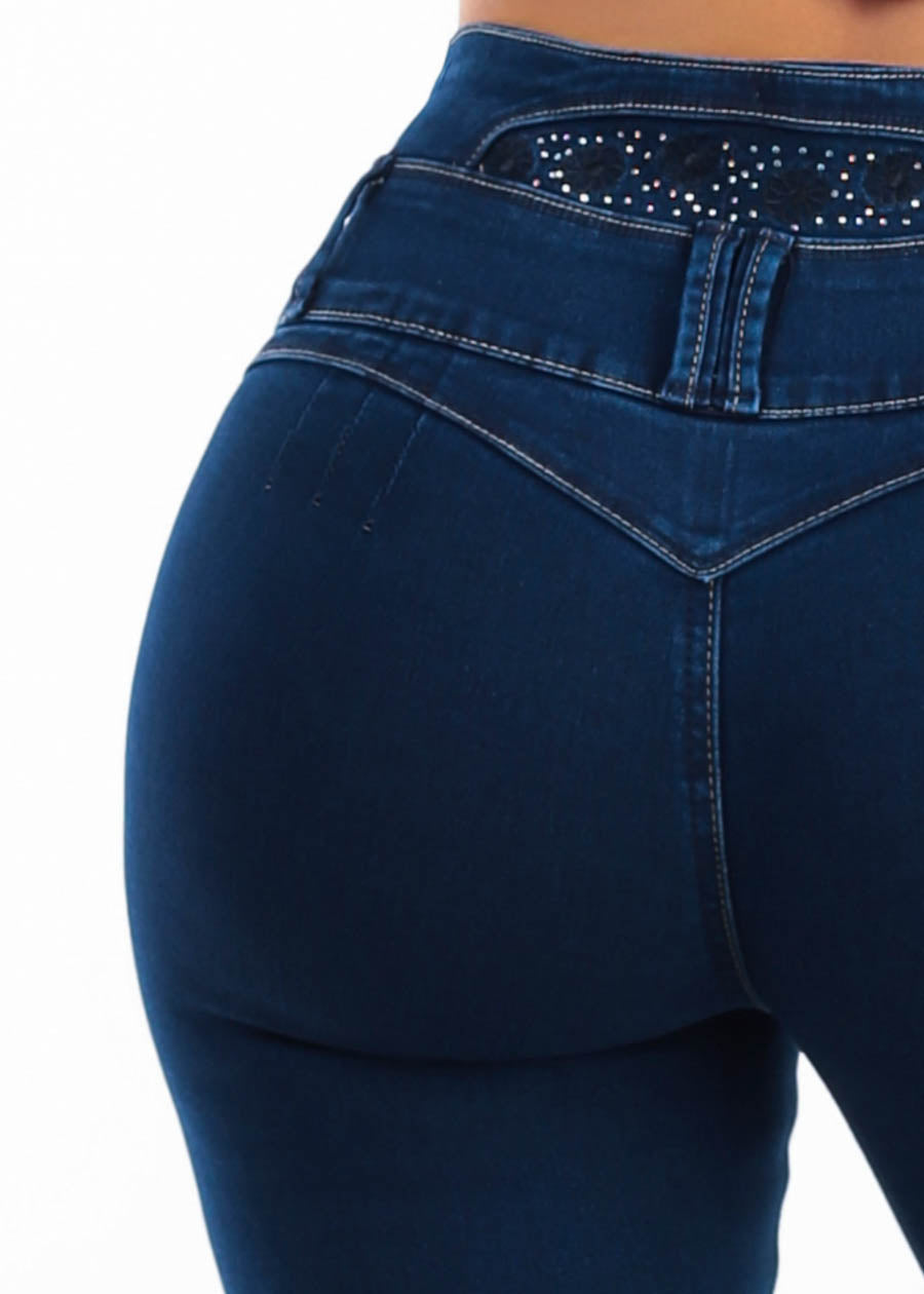 MX JEANS Embroidered Back Butt Lift Stretch Skinny Jeans Dark Wash