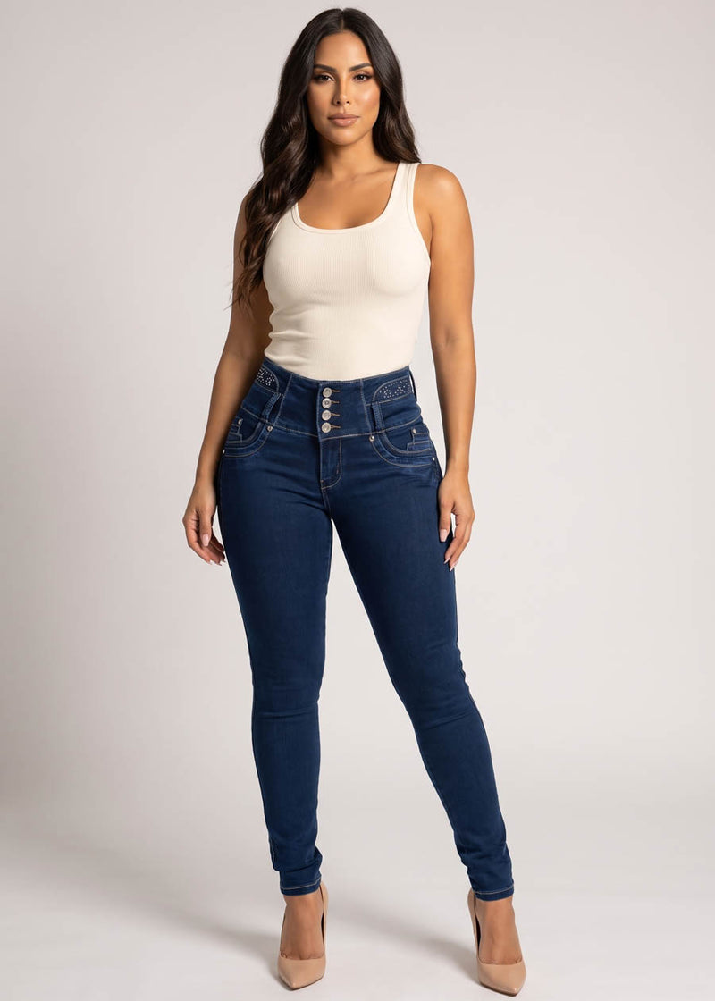MX JEANS Embroidered Back Butt Lift Stretch Skinny Jeans Dark Wash