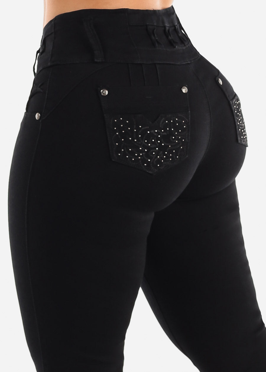 Butt Lifting Black Skinny Jeans w Rhinestone Pockets