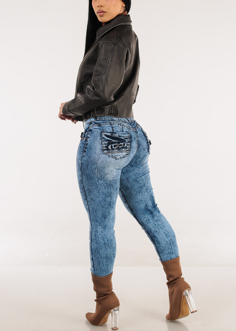 MX JEANS Butt Lift High Waisted Skinny Jeans Acid Wash