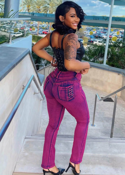 MX JEANS Butt Lift High Waist Bootcut Jeans Purple Acid Wash