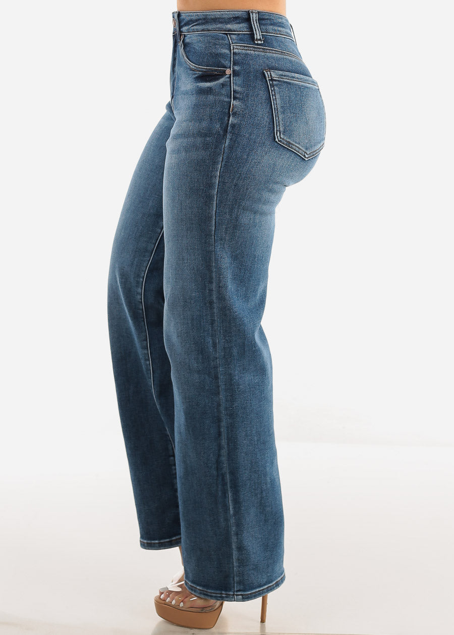 High Waist Wide Leg Straight Stretch Jeans Med Wash