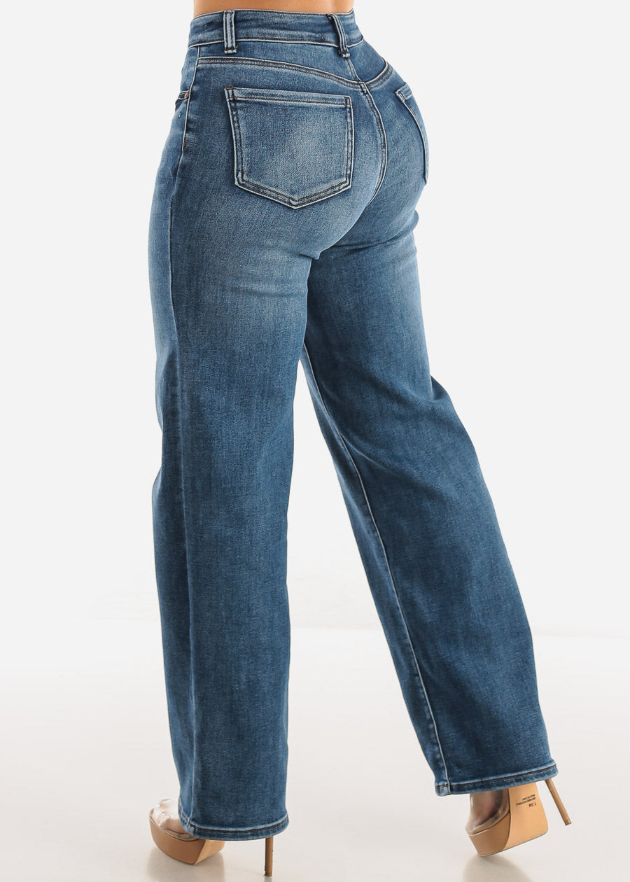 High Waist Wide Leg Straight Stretch Jeans Med Wash