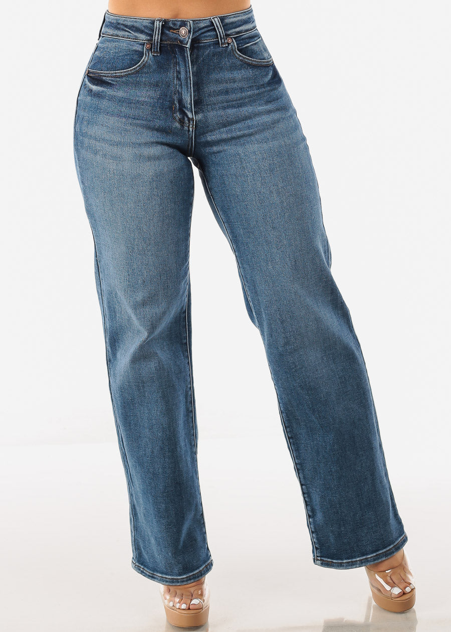 High Waist Wide Leg Straight Stretch Jeans Med Wash