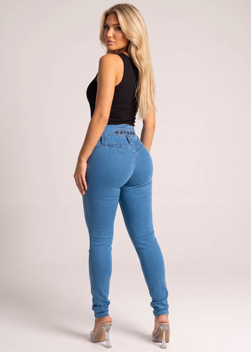 MX JEANS Embroidered Back Butt Lift Stretch Skinny Jeans Med Wash