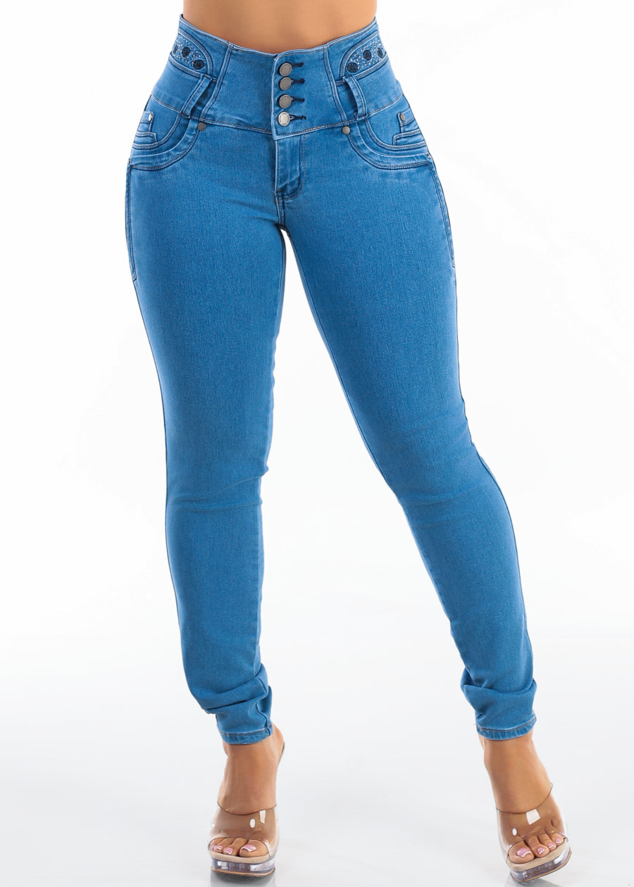 MX JEANS Embroidered Back Butt Lift Stretch Skinny Jeans Med Wash