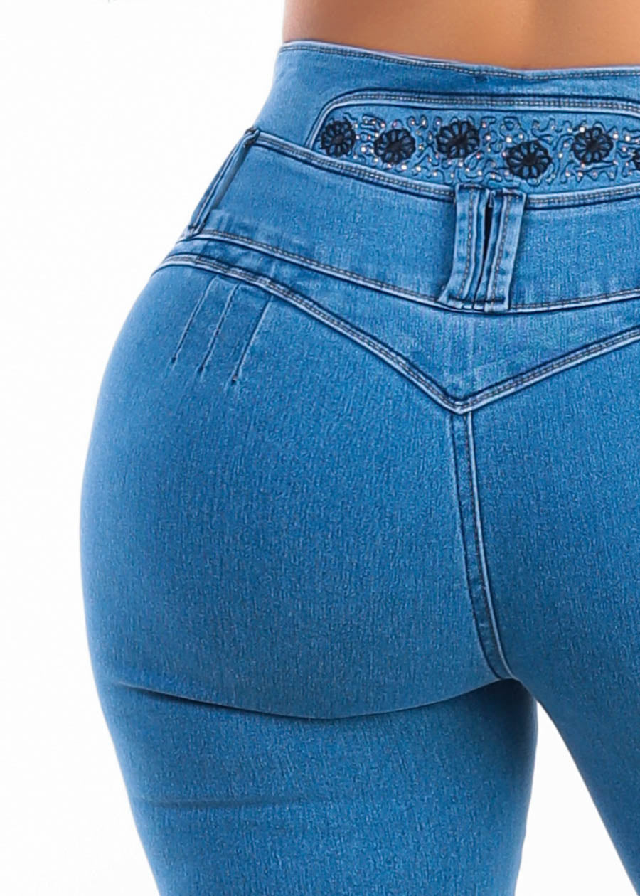 MX JEANS Embroidered Back Butt Lift Stretch Skinny Jeans Med Wash