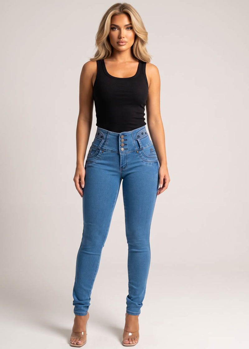 MX JEANS Embroidered Back Butt Lift Stretch Skinny Jeans Med Wash