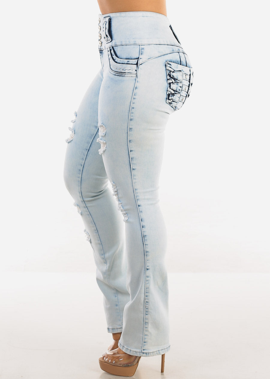 MX JEANS Butt Lift Distressed Bootcut Jeans Light Acid Wash