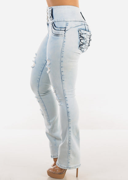 MX JEANS Butt Lift Distressed Bootcut Jeans Light Acid Wash