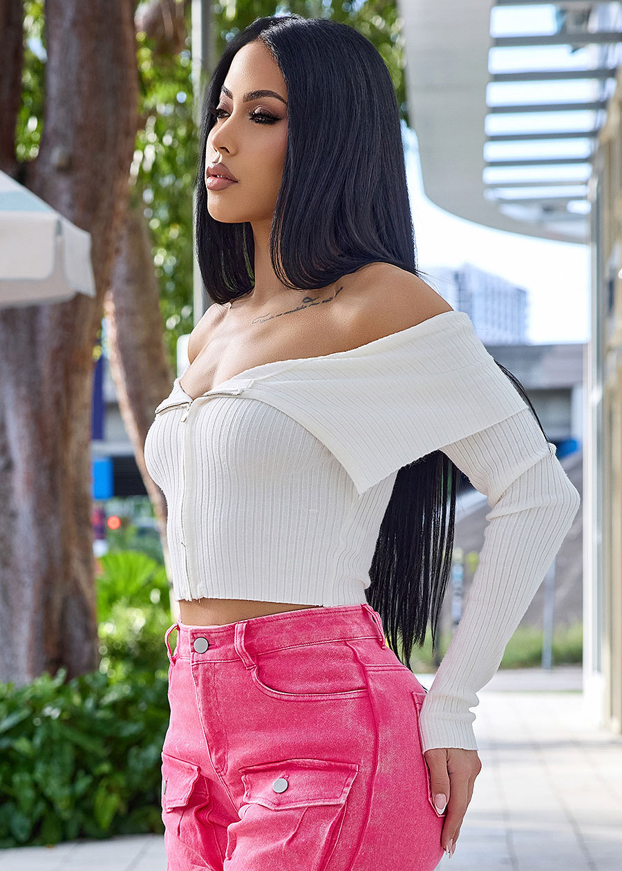 Zip Up Off Shoulder White Ribbed Sweater