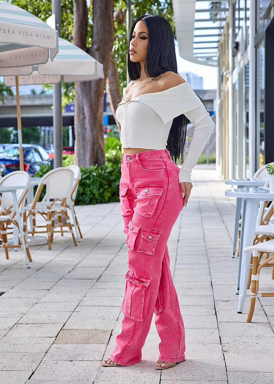 High Waist Utility Cargo Jeans Acid Wash Fuchsia