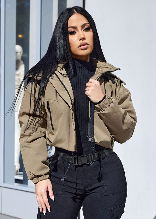 Zip Up Puffer Cropped Hooded Jacket Olive