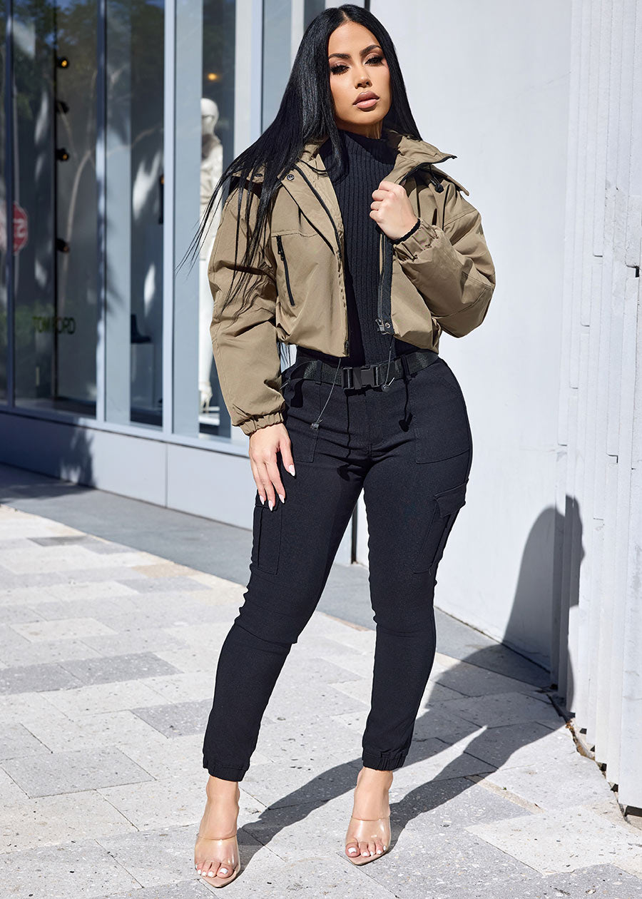 Zip Up Puffer Cropped Hooded Jacket Olive