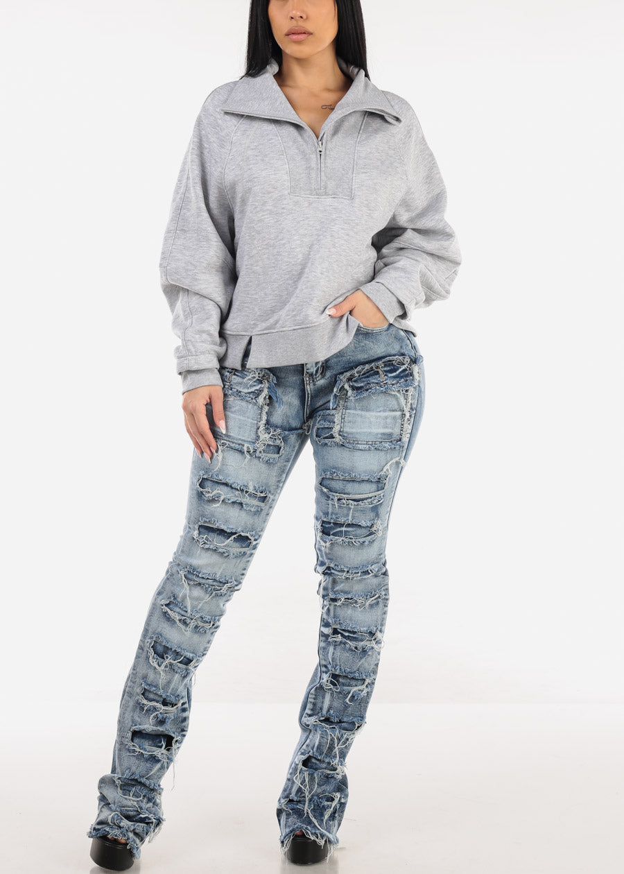 Stretchy High Waist Ripped Cargo Stracked Leg Jeans Blue Wash